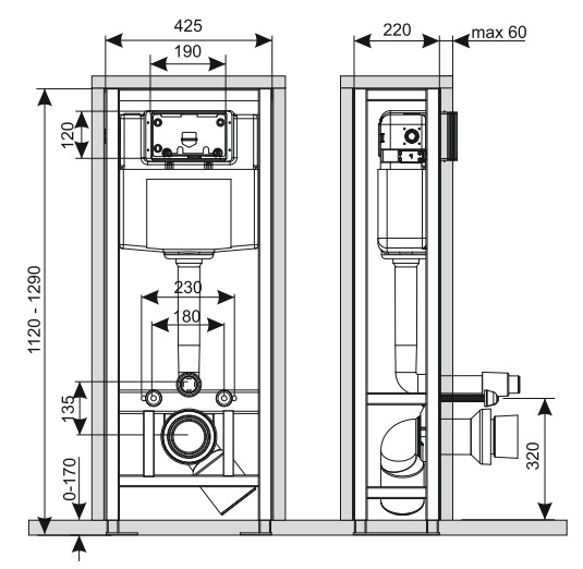 KK-POL 350/ZPW/428-00-00(ZSP/M428/0.1/K) Professional Инсталляция для подвесного унитаза четырёхопорная,  свободностоящая,  1120*425*220 мм