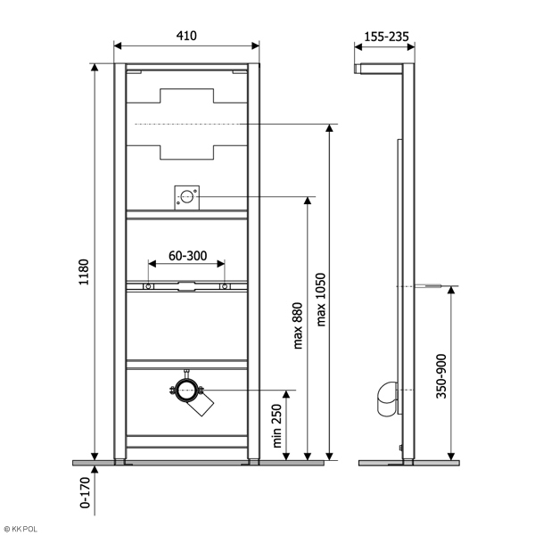 KK-POL 350/ZPP/711-00-00(ZPO/711/0/K)  Base Инсталляция для подвесного писсуара, внешний подвод воды 1180*410*155 мм